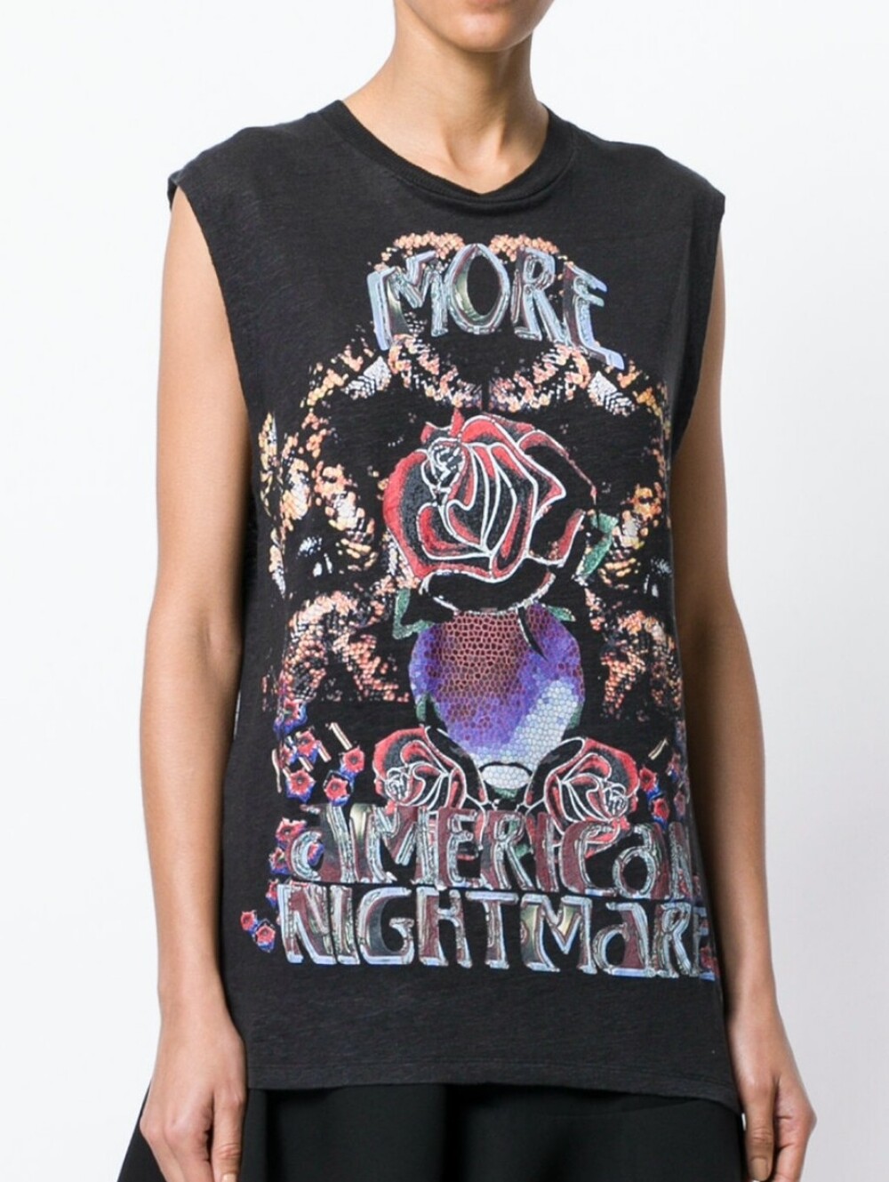 IRO Jeans More American Nightmare Black Graphic Muscle Linen Tank Rose Print Xs